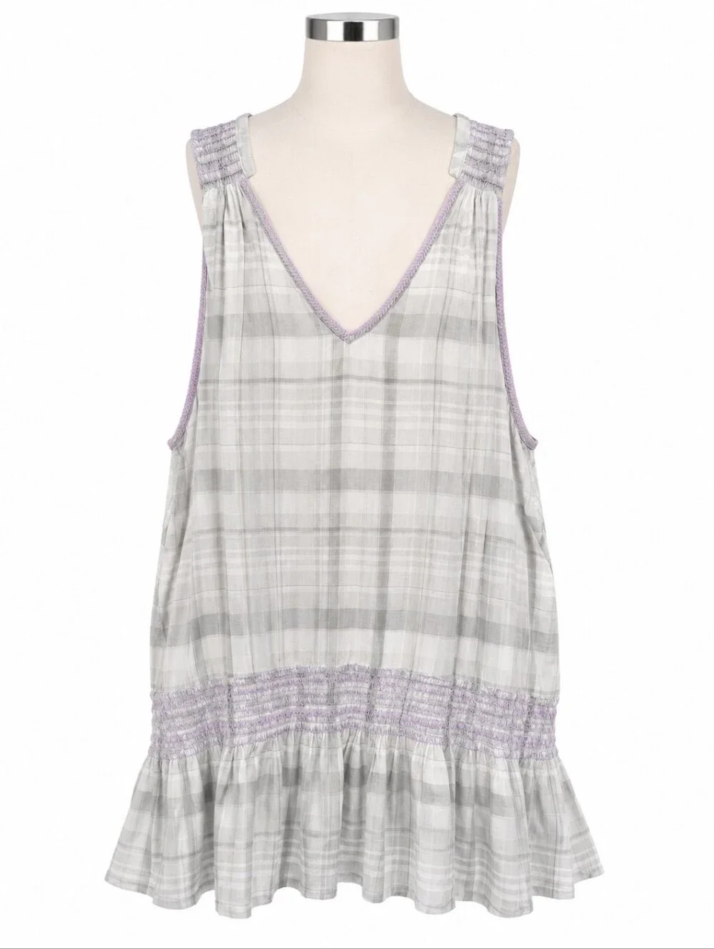 Free People Run With Me Plaid Mini Dress Sz S Grey V-Neck Embroidered Sleeveless